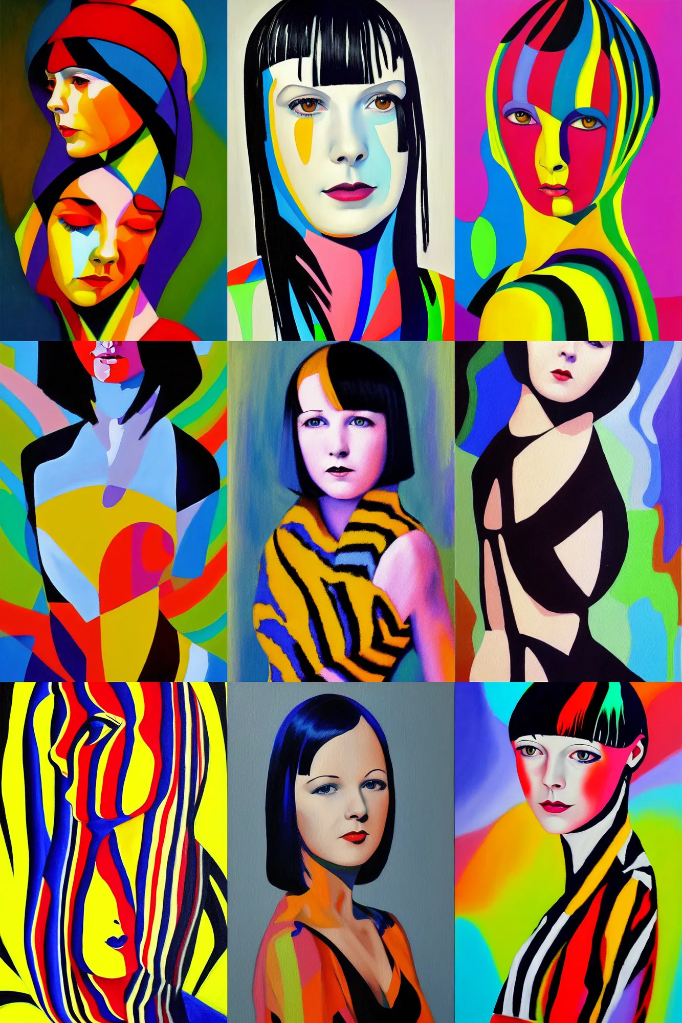 Prompt: oil painting of 2 2 yeard old mary louise brooks, zebra op art, artstation, bright colours, high contrast