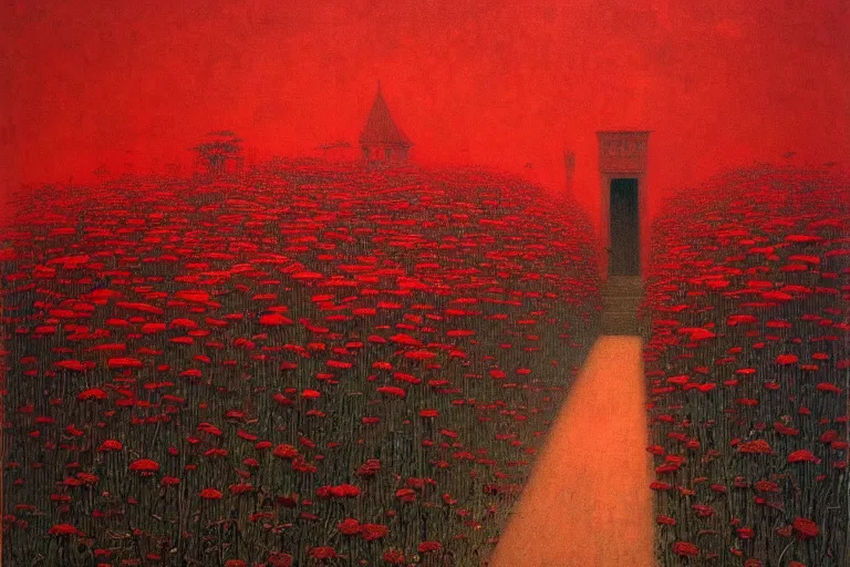 Image similar to only with red, red flowers of different types, a red tiger, a castle in the background, medieval demons dance over the flowers, an ancient path, in the style of beksinski, part by hopper, part by rodcenko, part by hofbauer, intricate composition, red by caravaggio, insanely quality, highly detailed, masterpiece, red light, artstation