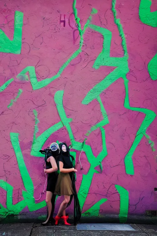 Prompt: a surreal portrait of two women wearing gas masks camouflaged into a wall of colorful graffiti in the style of brooke didonato, editorial fashion photography from vogue magazine, full shot, nikon d 8 1 0, ƒ / 2. 5, focal length : 8 5. 0 mm, exposure time : 1 / 8 0 0, iso : 2 0 0