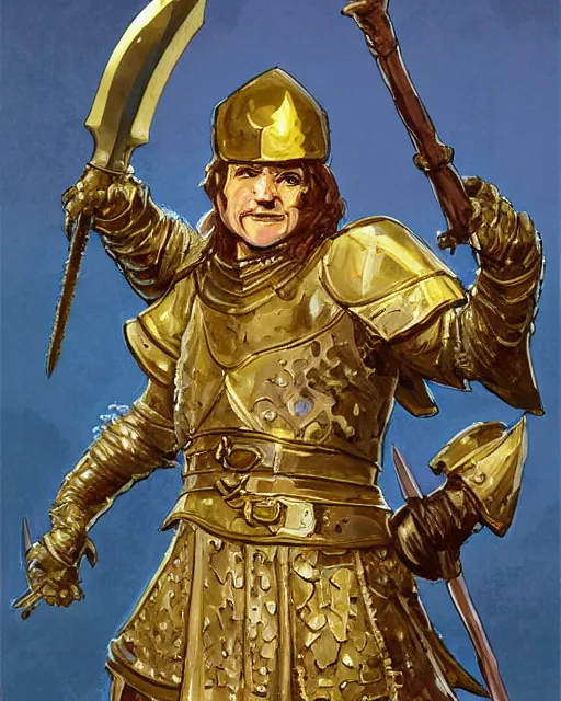 Prompt: beverly toegold the fift, epic level dnd male halfling nature paladin, wielding the golden holy avenger sword, wearing magical gleaming chainmail armor. full character concept art, realistic, high detail digital gouache painting by angus mcbride and michael whelan and jeffrey jones