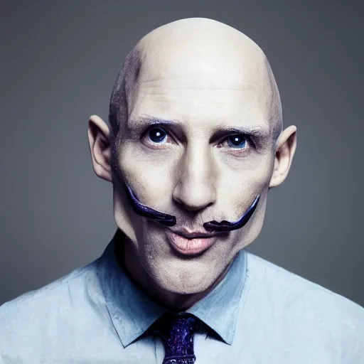 Image similar to tall bald man with blue eyes wrinkles strong jaw high cheekbones mustache small pointy nose no eyebrows large ears