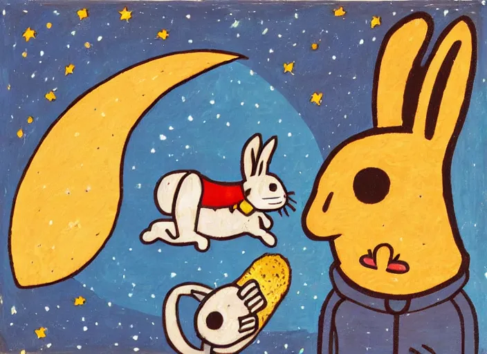Prompt: an anthropomorphic rabbit astronaut discovering that the moon is made of cheese, lowbrow in the style of camille rose garcia and picasso,