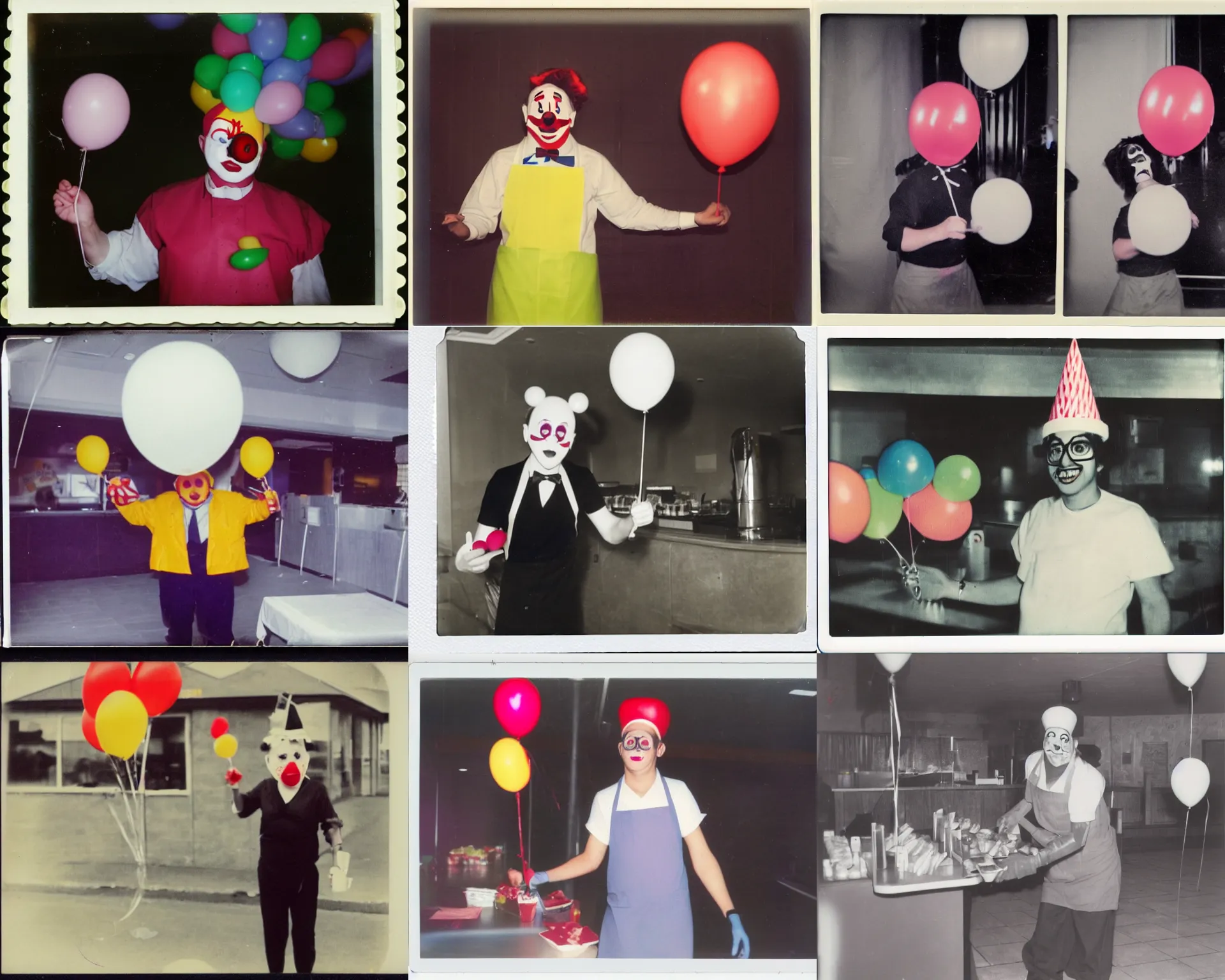 Prompt: party clown working at fast food place, serving balloons, polaroid colour faded