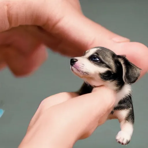 Image similar to a cyborg petting a tiny puppy, cute, hyperrealistic