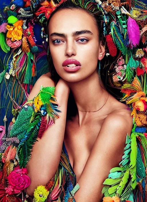 Prompt: beautiful portrait of Irina Shayk wearing fantastic Hand-dyed cotton dress,embellished beaded feather decorative fringe knots ,colorful pigtail,subtropical flowers and plants,symmetrical face,intricate,elegant,highly detailed,8k,digital painting,trending on pinterest,GUCCI,PRADA,harper's bazaar,concept art, sharp focus, illustration,golden ratio,by artgerm,Tom Bagshaw,Lawrence Alma-Tadema,greg rutkowski