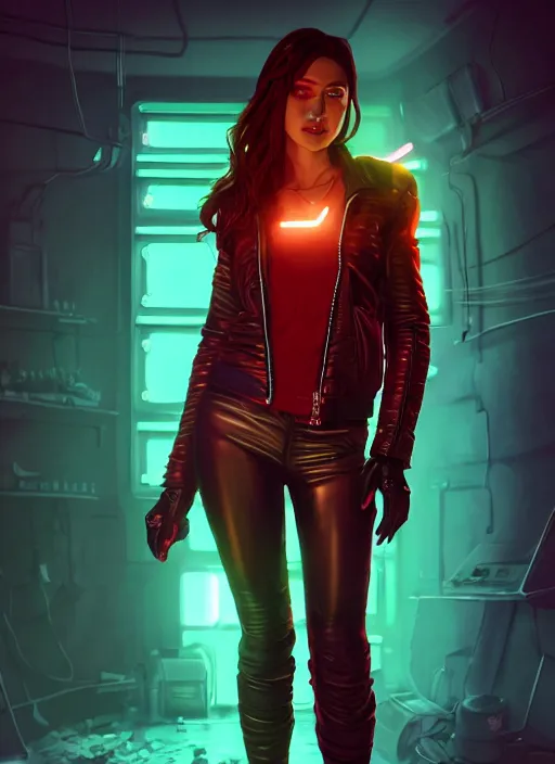 Prompt: pretty young woman with shoulder length shiny shimmering dark red hair and wearing a stuffed leather jacket with the glow of neon lights illuminating her, path traced, highly detailed, high quality, digital painting, by cd projekt red, cyberpunk,