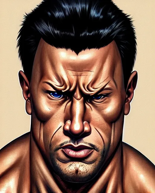 Image similar to portrait Anime man as Dwayne Johnson. fine-face, pretty face, realistic shaded Perfect face, fine details. Anime. realistic shaded lighting by Ilya Kuvshinov katsuhiro otomo ghost-in-the-shell, magali villeneuve, artgerm, rutkowski, WLOP Jeremy Lipkin and Giuseppe Dangelico Pino and Michael Garmash and Rob Rey in official suit