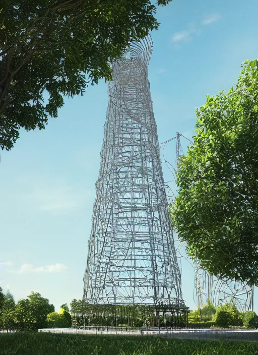 Image similar to highly detailed realistic architecture 3 d render of a stele shukhov tower standing in a city park, archdaily, made in unreal engine 4 octane render