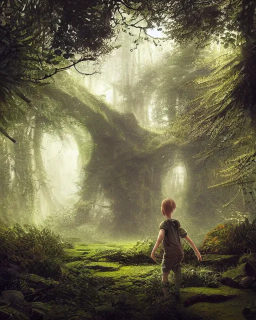 Prompt: a kid looking into a mirror in the hidden garden, green forest, environment art, fantasy art, landscape art, in the style of greg rutkowski, illustration, epic, fantasy, intricate, hyper detailed, artstation, concept art, smooth, sharp focus, ray tracing