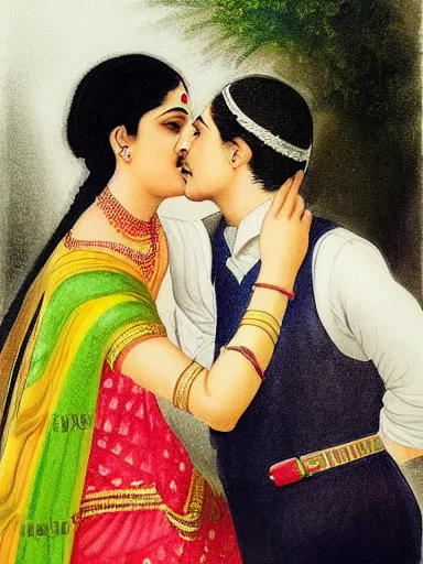 Image similar to water color painting, artwork by raja ravi varma, of a solo individual portrait of a guy and a girl kissing, dapper, simple illustration, nostalgic, in love, full of details