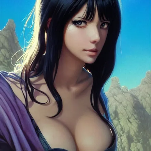 Image similar to highly detailed vfx portrait of nico robin by eiichiro oda!!!, stephen bliss, greg rutkowski, loish, rhads, beeple, makoto shinkai, tom bagshaw, alphonse mucha, sharp focus, art by artgerm and greg rutkowski, stanley kubrick, backlit, harsh overhead sunlight, detailed blue eyes!!,