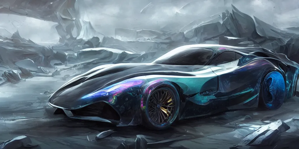 Image similar to a custom-built sport car, painted in dark color holographic pearlescent, elegant, digital painting, concept art, smooth, sharp focus, art style from Wang Ke and Greg Rutkowski and Bruce Kaiser and Scott Robertson and Dmitry Mazurkevich and Doruk Erdem and Jon Sibal