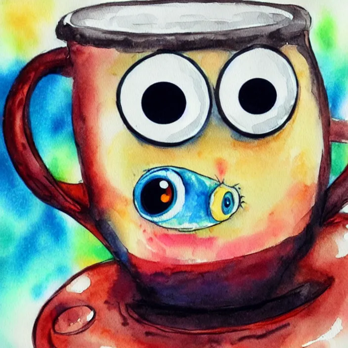 Prompt: cute coffee cup monster with googly eyes, pixar illustration, watercolor splash, dreamworks