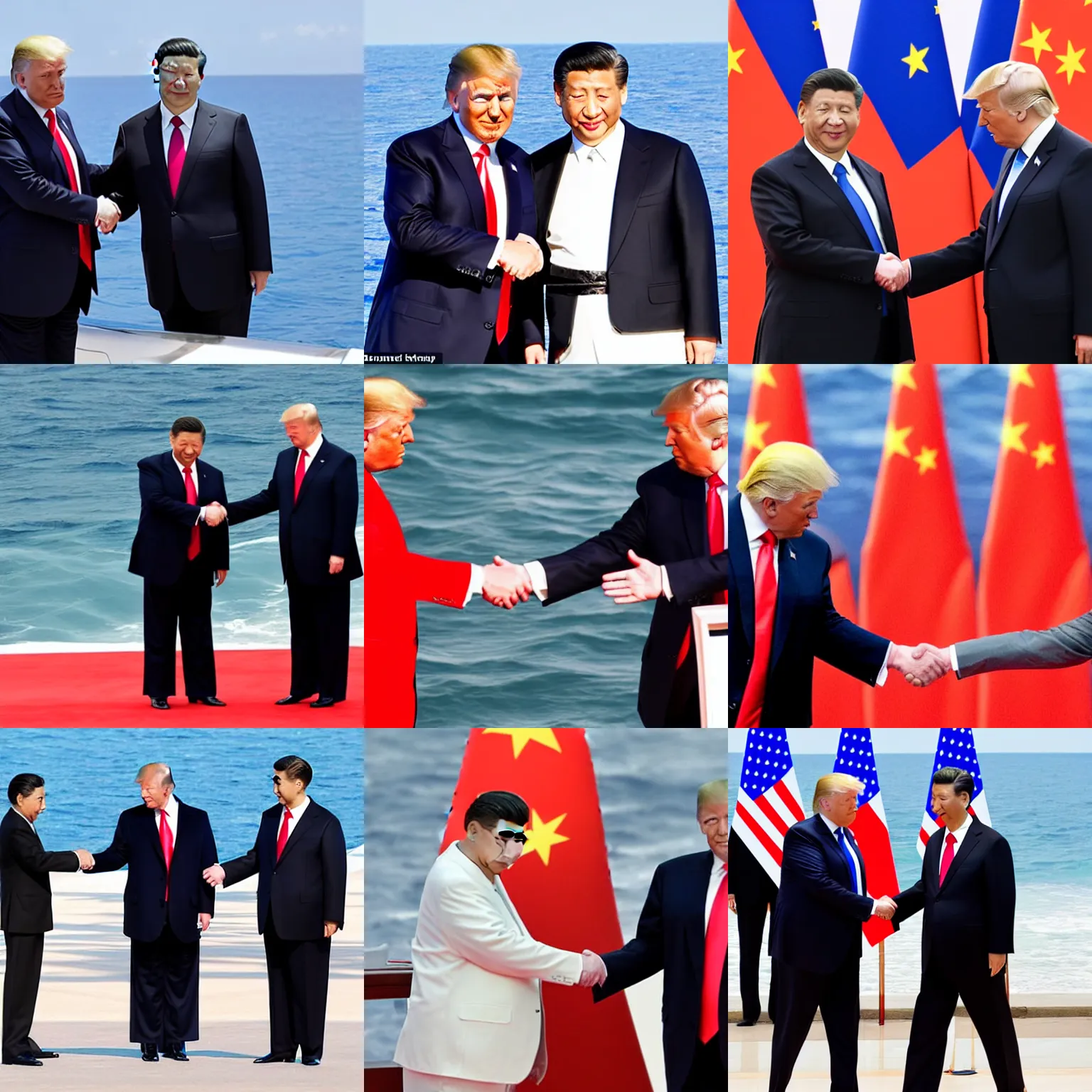 Prompt: donald trump shaking hands with xi jinping in the middle of the ocean