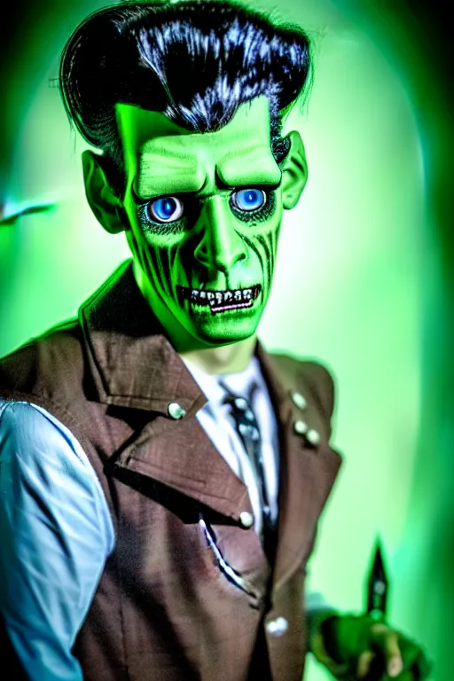 Image similar to Portrait of a young man as a rockabilly Frankenstein's Monster. Rock star Frankenstein. Green-skinned man with blue eyes and striking features. Modeling photography, mood lighting, detailed