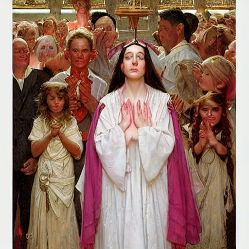 Image similar to a frontal portrait of a young priestess, dressed in white and pink, ( so happy, her face hurts ), by donato giancola and norman rockwell.