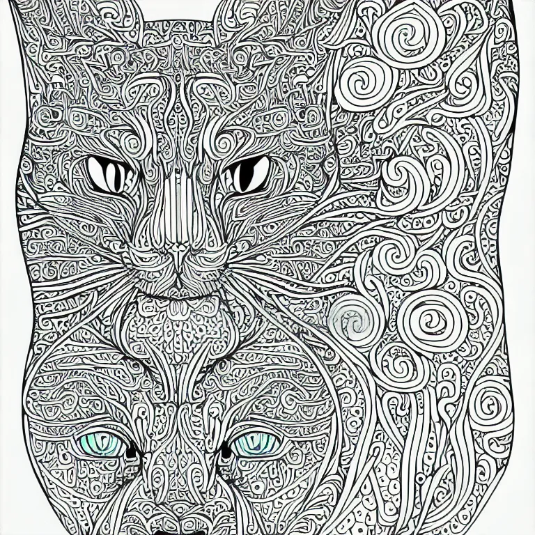 Prompt: beautiful cat's head, ornaments, fractal, line art, vector, outline, ink drawing, simplified, colouring page