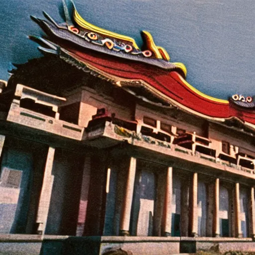 Prompt: Pulgasari the Kaiju Monster, overshadowing a Korean palace, Kodachrome 35mm cinemascope, Kim Jong-il production