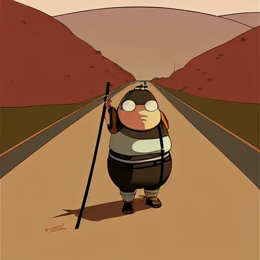 Prompt: a study of cell shaded cartoon of a short fat samurai rolling on a desert road, full body, wide shot, very muted colors, post grunge, studio ghibli, laurie greasley, highly detailed, deviantart, art by artgem