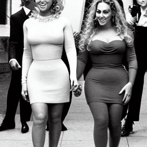 Image similar to 1960s photo of Mariah Carey and Beyonce walking down 5th Avenue