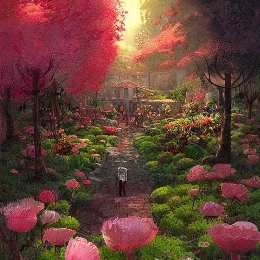 Prompt: a marc simonetti fantasy illustration of a blooming garden