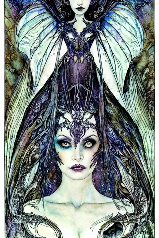 Image similar to dark fairy queen closeup face surrounded by bat wings, art by luis royo and walter crane and kay nielsen, watercolor illustration,
