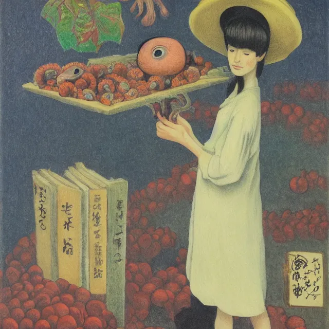 Prompt: tall emo girl artist holding an octopus, in hakone, books, small portraits, gourds, berries, pigs, acrylic on canvas, surrealist, by magritte and monet