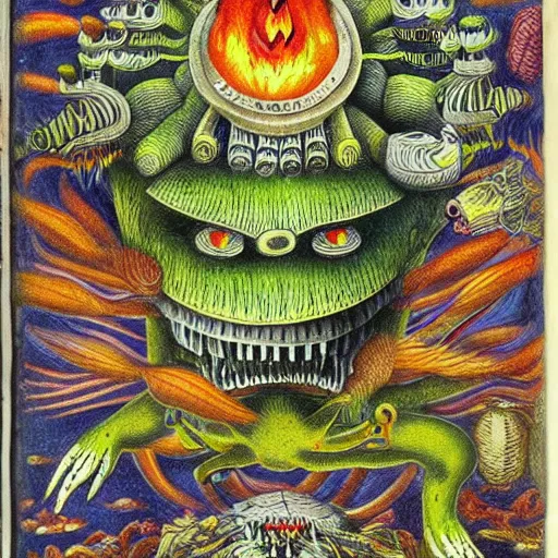 Image similar to futuristic bestiary of repressed emotion monsters and creatures starting a fiery revolution in the psyche, in the style of COdex Seraphinianus