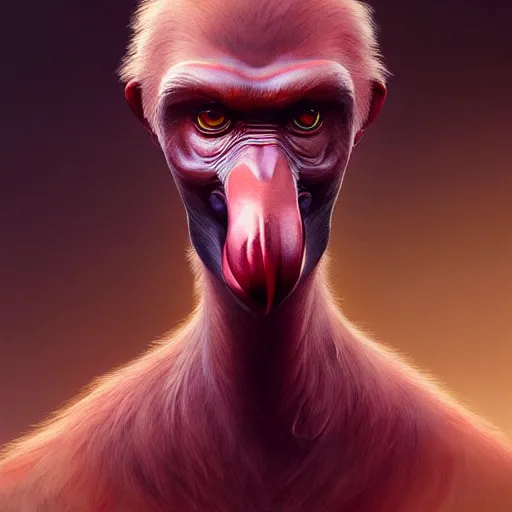 Prompt: Portrait of an anthropomorphic flamingo, Gorilla, Geko, Cat, highly detailed, digital painting, artstation, concept art, smooth, sharp focus, illustration by Artgerm and Greg Rutkowski and Tom Bagshaw