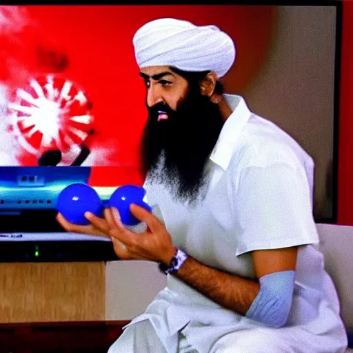 Image similar to Osama bin laden playing Wii bowling, realistic, 4k, hd, TV, plants