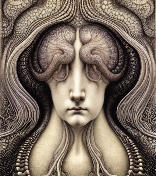 Prompt: detailed realistic beautiful squid goddess face portrait by jean delville, gustave dore, iris van herpen and marco mazzoni, art forms of nature by ernst haeckel, art nouveau, symbolist, visionary, gothic, neo - gothic, pre - raphaelite, fractal lace, intricate alien botanicals, ai biodiversity, surreality, hyperdetailed ultrasharp octane render