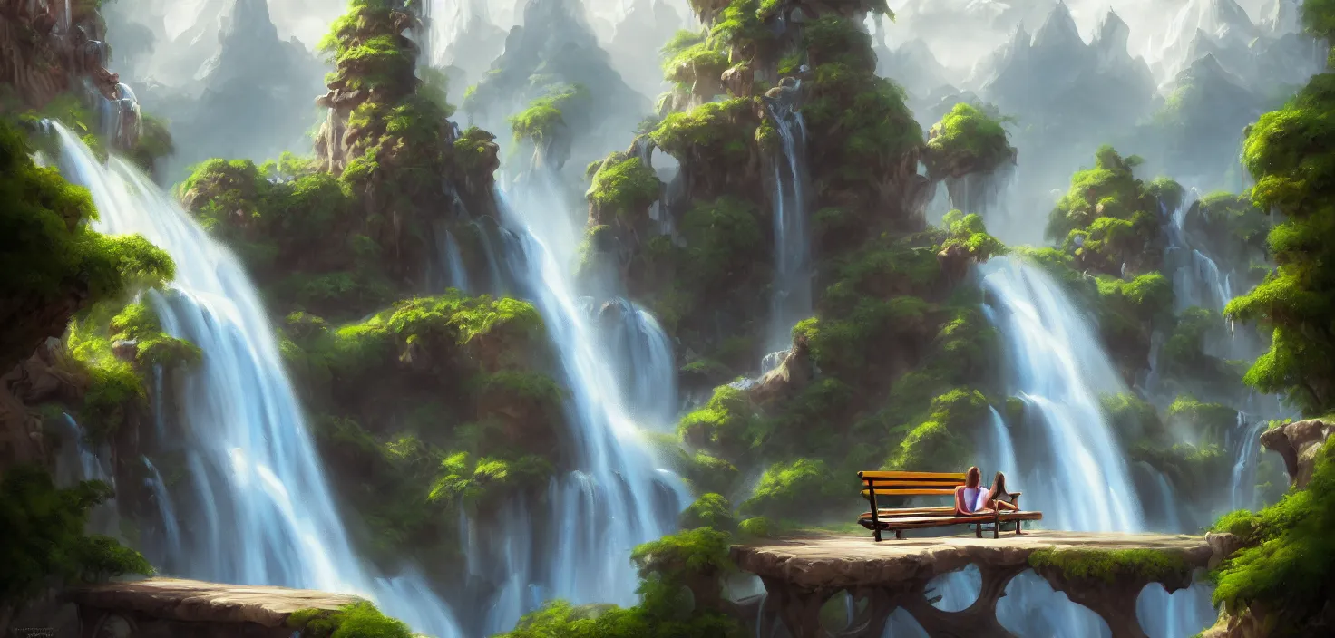 Image similar to a painting of a waterfall with a person sitting on a bench, a detailed matte painting by tyler edlin, artstation, fantasy art, matte painting, 2 d game art, deviantart hd