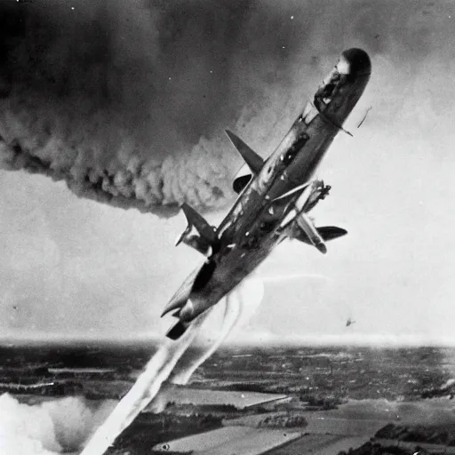 Image similar to highly detailed photograph of a plane being shot out of the sky in ww2, exploding violently, fuselage splitting apart from the impact, historic archive, cinematic