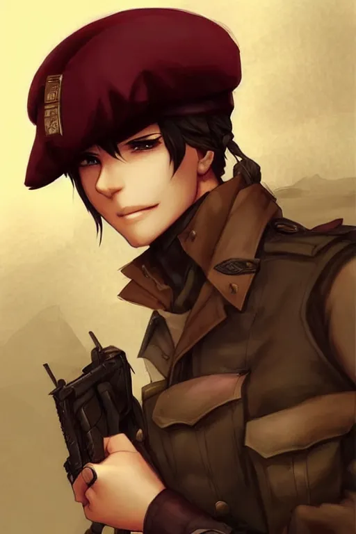 Image similar to beautiful portrait commission military clothes maroon beret. Atmospheric. Character design by charlie bowater, ross tran, artgerm, and makoto shinkai, detailed, inked, western comic book art. male anthro!!! fruit bat