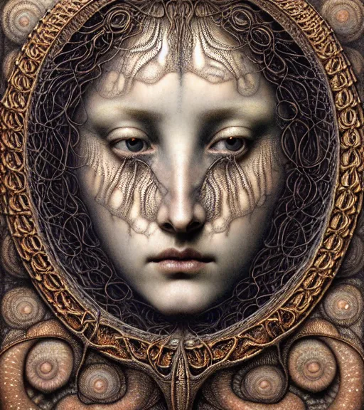 Image similar to detailed realistic beautiful patina goddess face portrait by jean delville, gustave dore, iris van herpen and marco mazzoni, art forms of nature by ernst haeckel, art nouveau, symbolist, visionary, gothic, neo - gothic, pre - raphaelite, fractal lace, intricate alien botanicals, biodiversity, surreality, hyperdetailed ultrasharp octane render