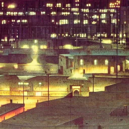Prompt: brutalist city, prison city, totalitarian prison island, spotlights, military buildings, prison complex, colorized 1 6 mm photo