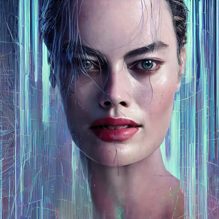 Prompt: portrait of Margot Robbie in The Matrix 2000. intricate abstract. intricate artwork. by Tooth Wu, wlop, beeple, dan mumford. octane render, trending on artstation, greg rutkowski very coherent symmetrical artwork. cinematic, hyper realism, high detail, octane render, 8k, iridescent accents