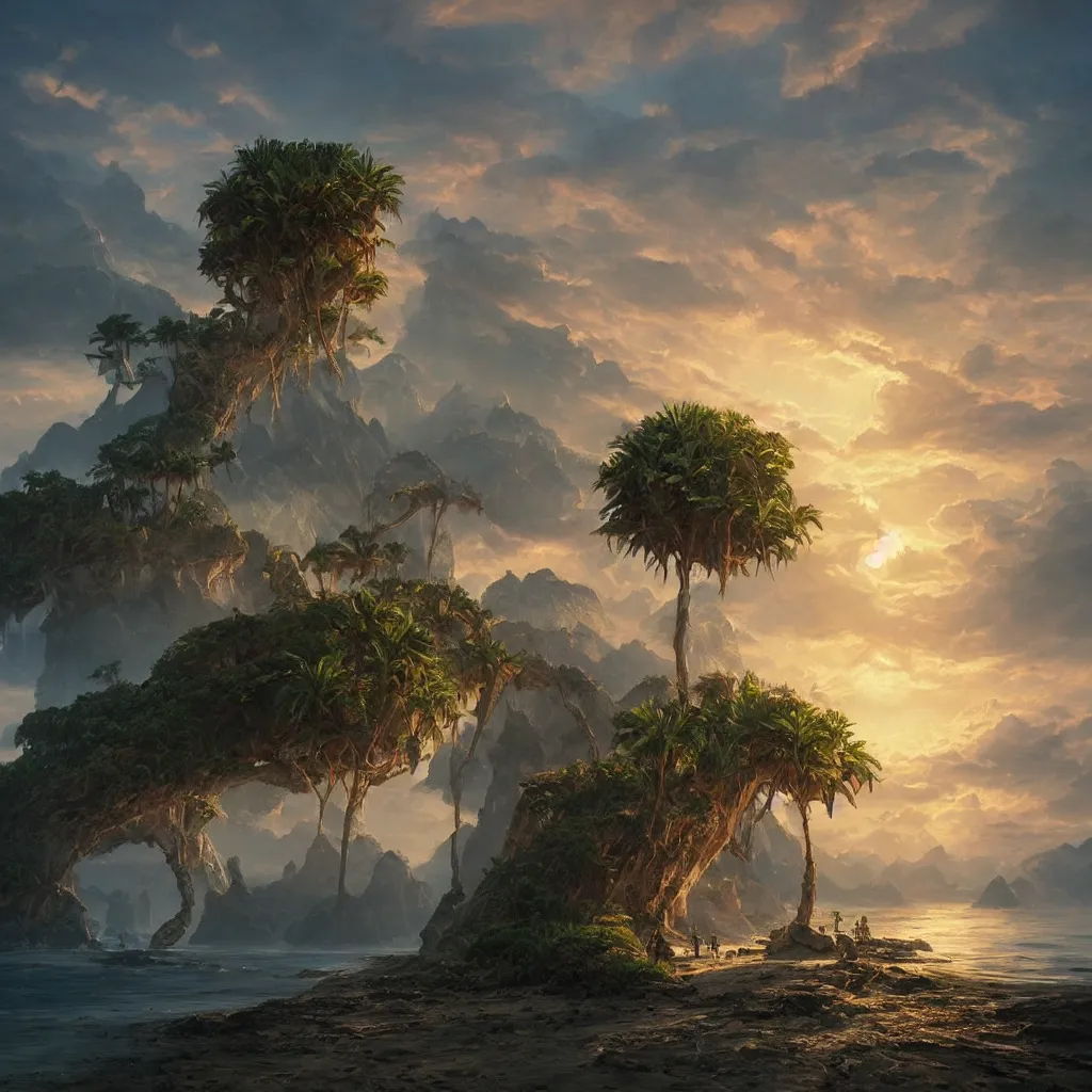 Image similar to beautiful hyper realistic island scenery at sunset, sand, tropical plants, albumcover, beautiful painting by greg rutkowski, ross tran, wlop, set in lord of the rings, starcraft, atmosphere, ethereal, magic, amazing, positive vibes