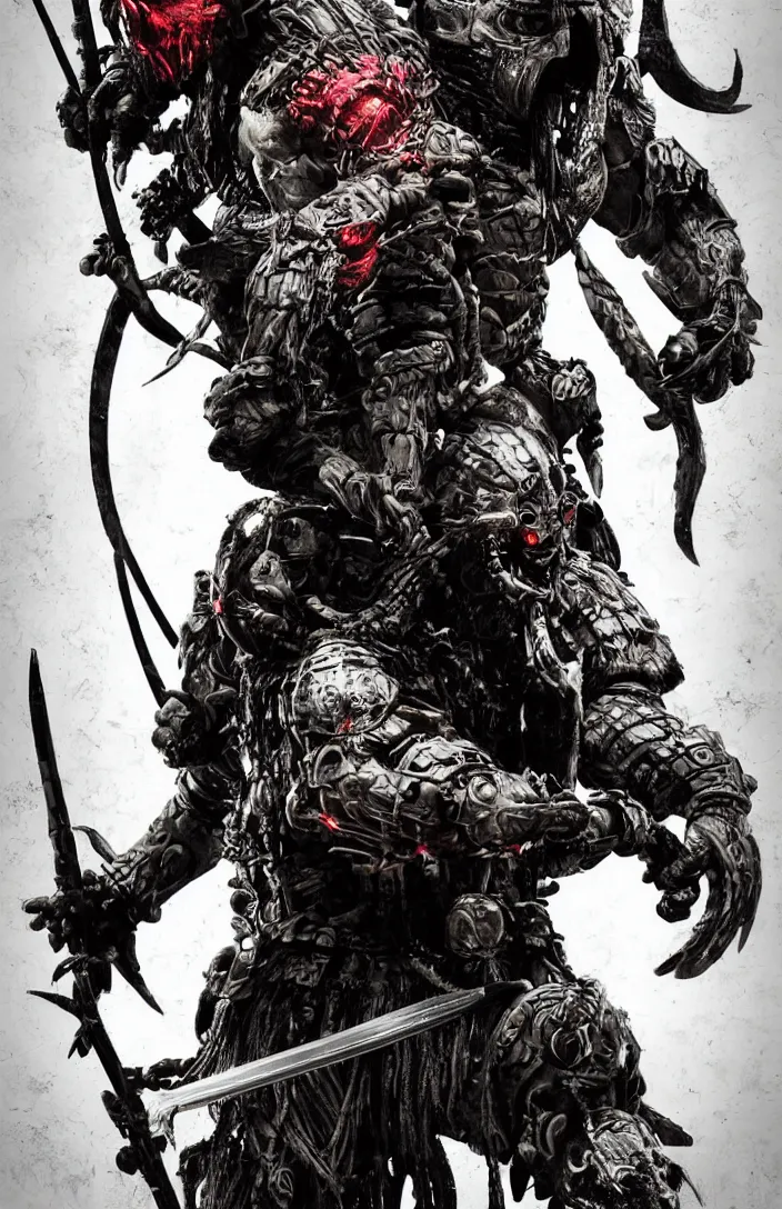 Image similar to movie predator vs samurai film poster art for hiroyuki sanada as samurai verses predator. in the style of ansel adams, frank frazzetta, realistic, detailed, octane