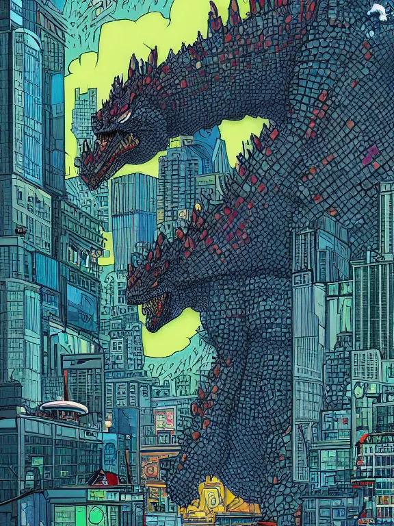 Image similar to a digital art of a Godzilla destroy the cyber city,by Chris Ware,Jane Newland,peter,gric,Peter Mohrbacher,aaron horkey trending on artstation,maximalist,full of color,glittering