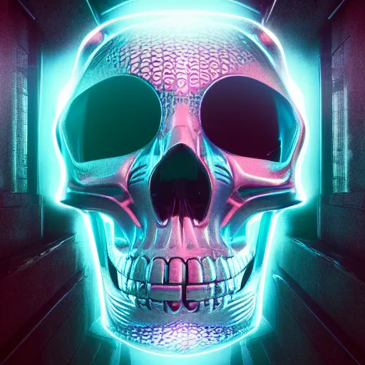 Prompt: a cyborg skull with holographic eyes. 3D octane render.
