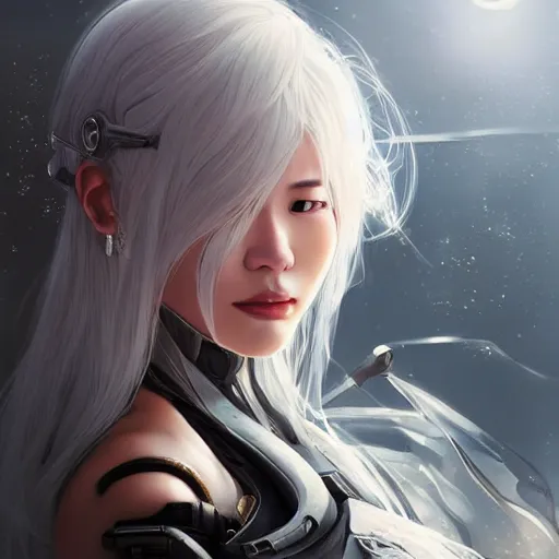 Image similar to ultra realistic illustration of cyborg song hye - kyo, warframe, intricate, nier automata, sunset, white hair, elegant, highly detailed, digital painting, artstation, concept art, smooth, sharp focus, illustration, art by artgerm and akihiko yoshida and alphonse mucha