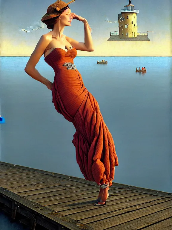 Image similar to a fancy beautiful woman standing on a wharf at the edge of a cold sea by rob gonsalves and vladimir kush and ruth deckard and gil elvgren and harry ekman and george petty and hilo chen and norman rockwell, crisp details, hyperrealism, high detail, high contrast, low light, grey mist, cobblestones, dim lantern