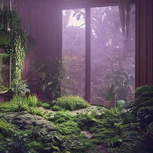 Image similar to sunroom filled and made of plants intricate artwork by artstation. halo. octane render, cinematic, hyper realism, octane render, 8k, bokeh, demonic, dark, devil, demons, mist, red illuminating fog, rocks, hell. scheme.