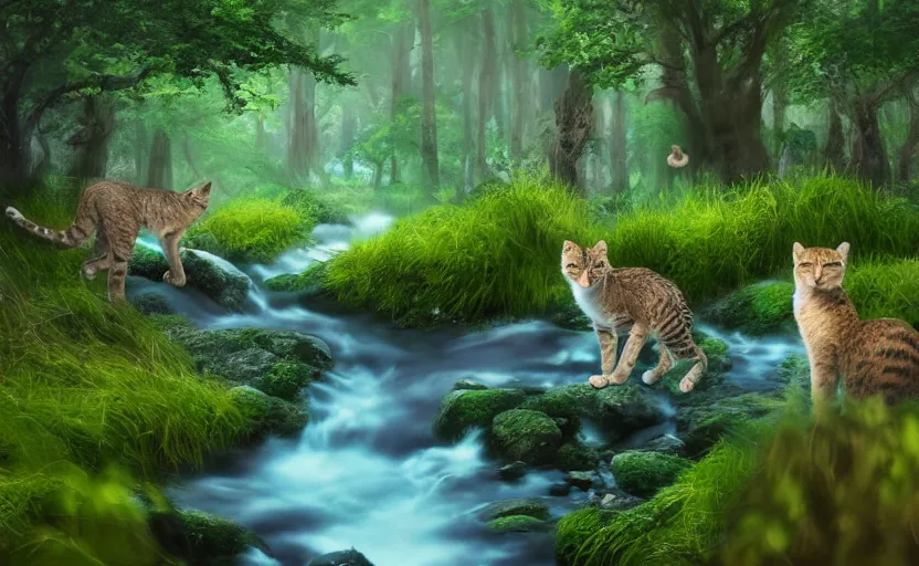 Prompt: wild cats in a clear water stream in a mossy fantastical forest, digital art, trending on artstation