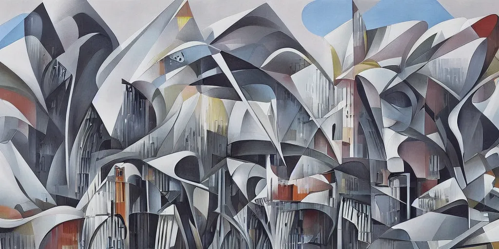 Image similar to a painting of abstract buildings like amalfi coast by zaha hadid and yves tanguy and aaron horkey