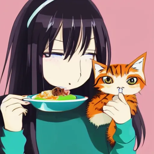 Image similar to cute girl eating a cat in anime style