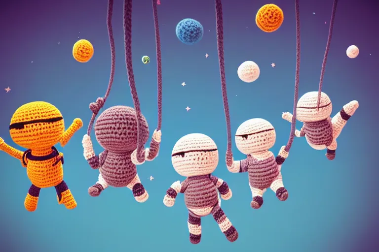 Prompt: a group of three crochet cute astronauts climbing a yarn wall. cute, illustration, digital art, inspired by little big planet, by greg rutkowski, detailed, sharp, masterpiece, highly detailed, photorealistic, octane render, 8 k, unreal engine 5, trending on artstation, vivid colors, cinematic, close up