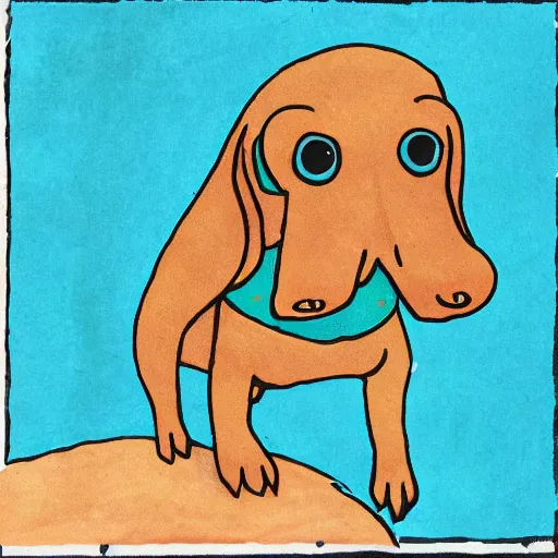 Image similar to written consent of a turquoise wiener - shaped creature with two stick - like heads in the front