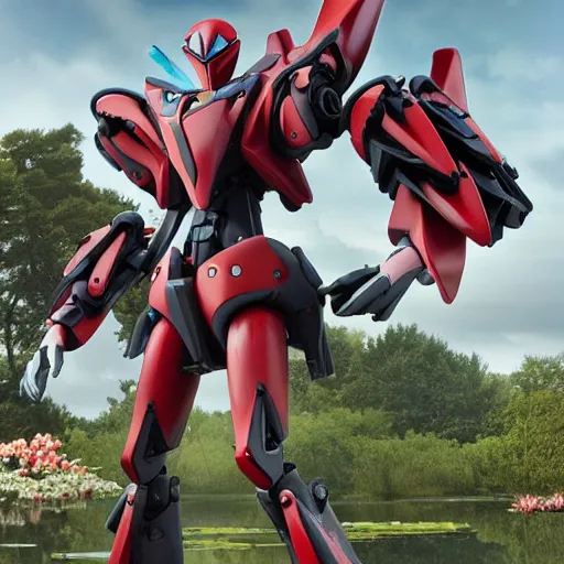 Prompt: evangelion combat mecha with a realistic nymphaea waterlily head stepping out of a pond holding sci - fi weapons. floral amphibious power armor with waterlily helmet and hard surface exoskeleton. bandai box art, 8 k hd resolution, r / mecha